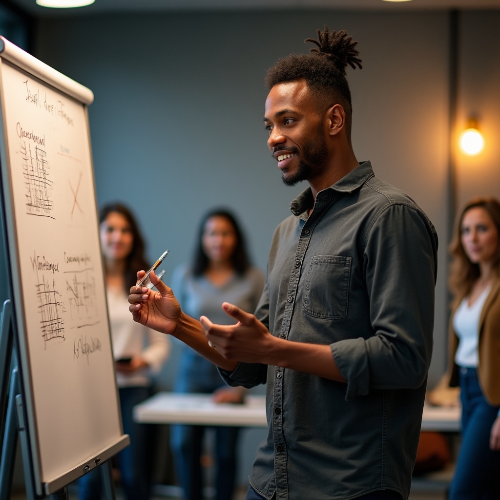 Finance facilitator guiding a cooperative group through economic concepts